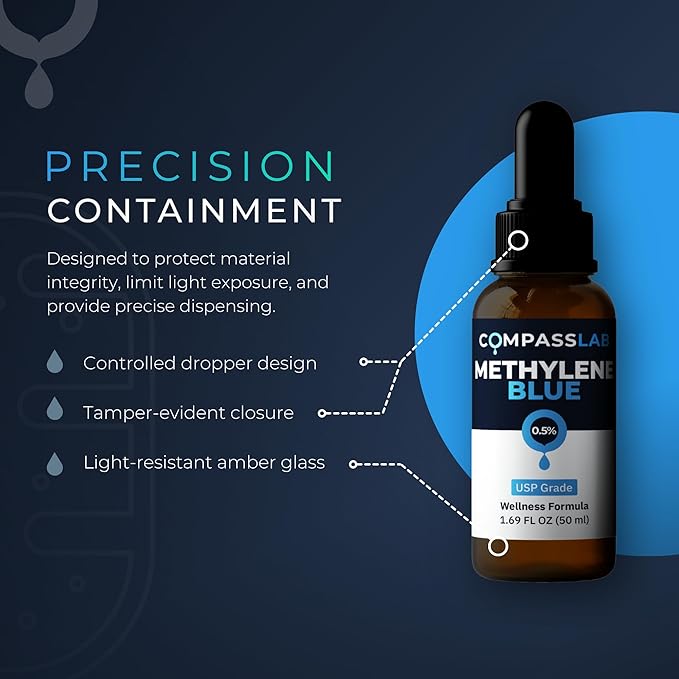 COMPASS LABORATORY Methylene Blue Pharmaceutical Grade USP Grade Third-Party Tested Dietary Supplement for Humans No Formaldehyde Made in USA (0.5% 50ml Bottle)
