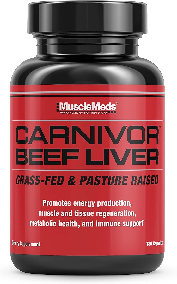 MuscleMeds Carnivor Beef Liver Capsules Energy Production Muscle Recovery Immunity Non-GMO Liver Health Supplement Grass Fed 180 Capsules