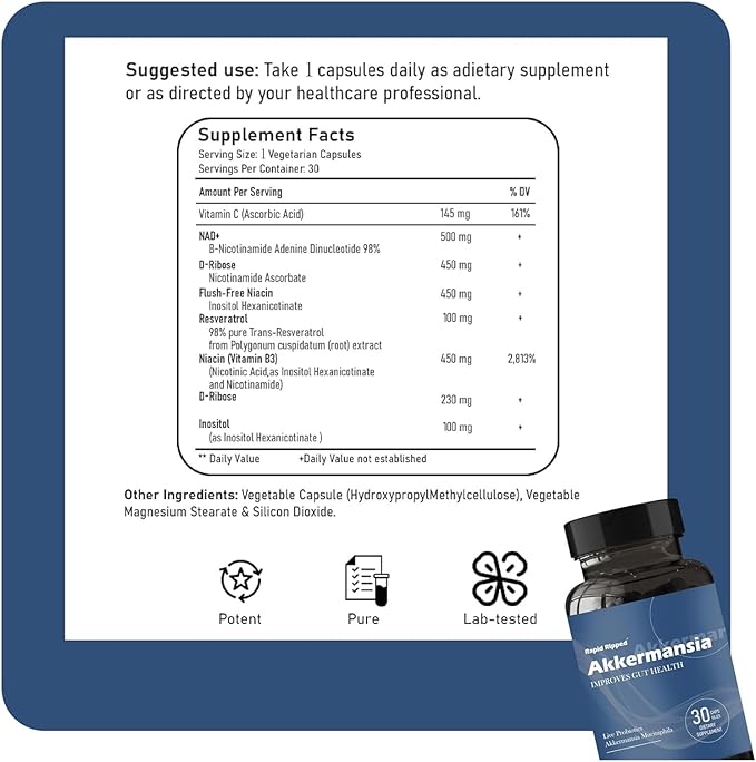 Akkermansia Probiotic with Prebiotic Fiber - Increases GLP-1 Production Delayed Release Third-Party Tested 100M AFU Live Strain for Gut Health for Men &amp Women (1pc)