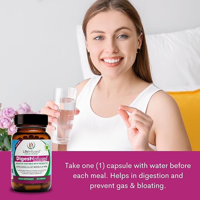 Life Infused Digestive Enzymes with Probiotics – 21 Plant-Based Enzymes with Bromelain Papain Amylase &amp Protease – Digestive Support for Gas &amp Bloating – 72 Trace Minerals &amp Herbs – Vega