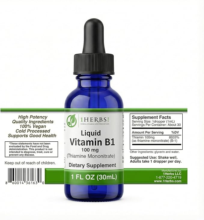 Liquid Vitamin B1 Thiamine Mononitrate 100mg per Serving– High-Potency Thiamine Drops for Energy Nerve Health &amp Mood Support – Alcohol-Free Fast-Absorbing Non-GMO Made in USA
