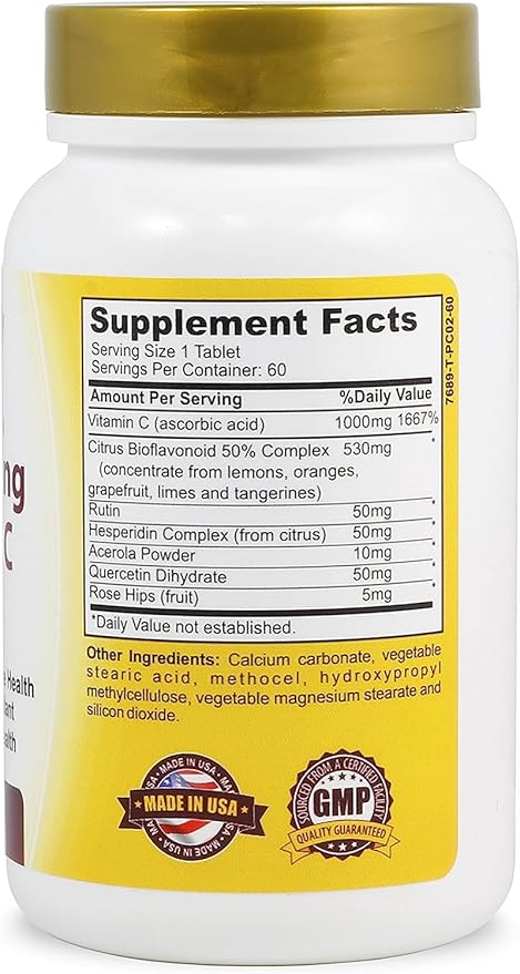 Vitamin C Complex 1000 mg Tablets for Skin Lightening Brightening Antioxidant with Rose Hips and Bioflavinoids Immune Support Supplement Healthy Aging Builds Energy and Overall Well Being