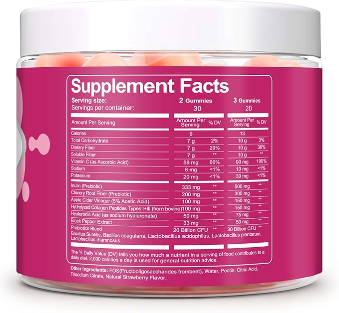 10G Fiber Gummies with Collagen Peptides Hyaluronic Acid Vitamin C ACV 30 Billion CFU Probiotics – Sugar Free Collagen Gummy for Skin Hair &amp Nails – Digestive Health Support – 60 Cts