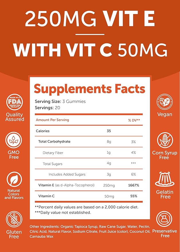 Lunakai Vitamin E Gummies with Vitamin C - Tastiest Proprietary Formula - 250mg (400IU) VIT E - Antioxidant Skin &amp Eye Health Support Non-GMO Vegan Supplement - 6 Pack