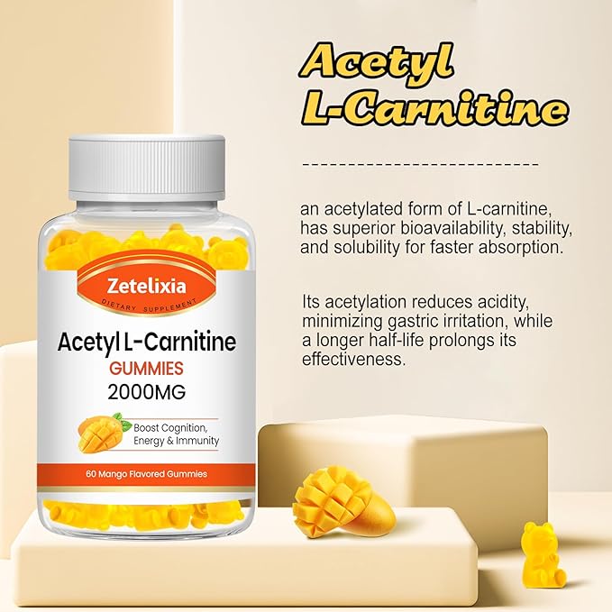 2 Pack Acetyl L-Carnitine Gummies L-Carnitine Supplement for Women &amp Men Nutrition Supplement for Boost Energy Immunity &amp Brain Health Vegan Non-GMO Mango Flavor 120 Count