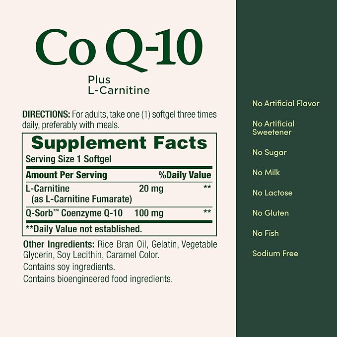 Nature's Bounty CoQ10 Supports Heart Health 100mg Plus L-Carnitine 60 Softgels (Pack of 2)