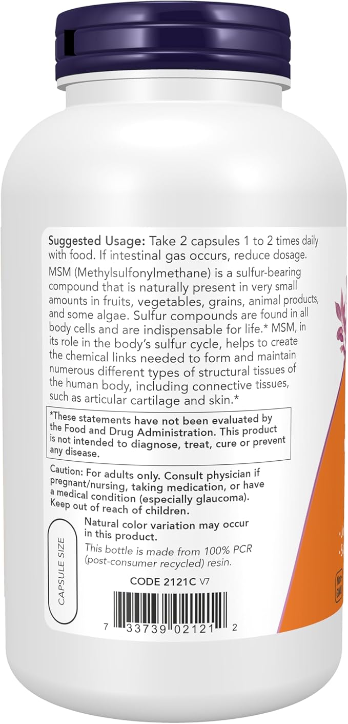 NOW Supplements MSM (Methylsulfonylmethane) 1000 mg Joint Health* 240 Veg Capsules