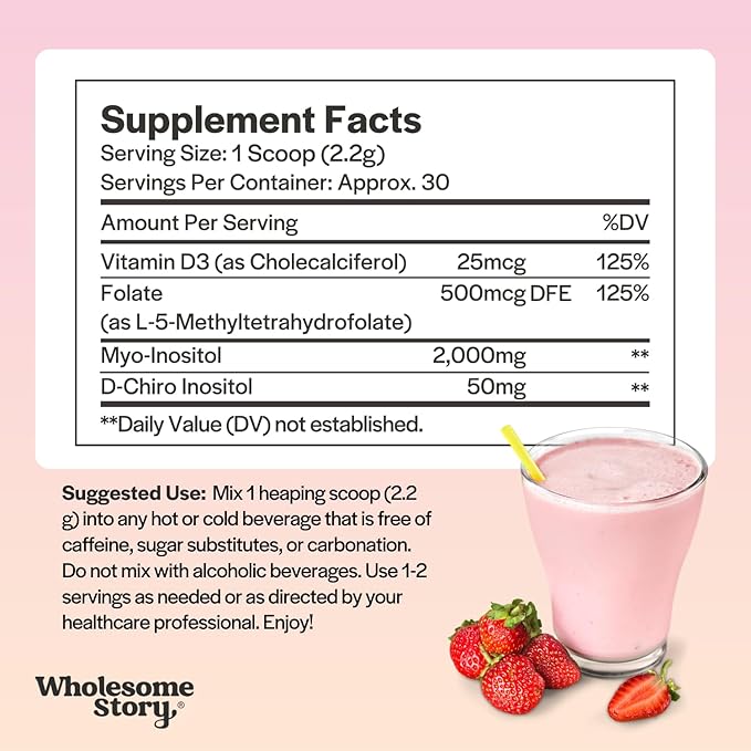 Inositol Supplement Powder with MTHF Folate + Vitamin D3 | Myo-Inositol &amp D-Chiro Inositol | Hormonal Balance &amp Healthy Ovarian Support | Vitamin B8 | Alternative to Inositol Capsules | 30 Ser