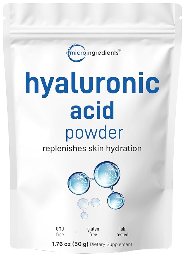 Micro Ingredients Hyaluronic Acid Serum Powder 50 Grams | Low Molecular Weight Cosmetics Grade | Skin Hydration and Moisture Support Supplements | Vegan Water Soluble (Within 2 Hours)
