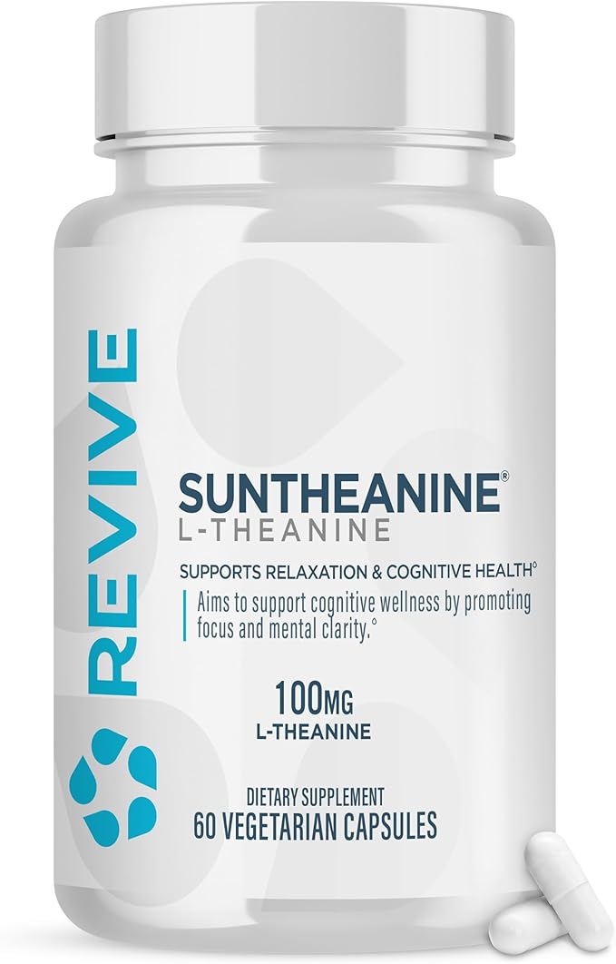 Revive MD Suntheanine L-Theanine Supplement for Men and Women - Supports Fatigue &amp Brain Function for Calm Mood Mental Clarity Focus &amp Relaxation - Vegan &amp Gluten-Free (60 Capsules 60 S