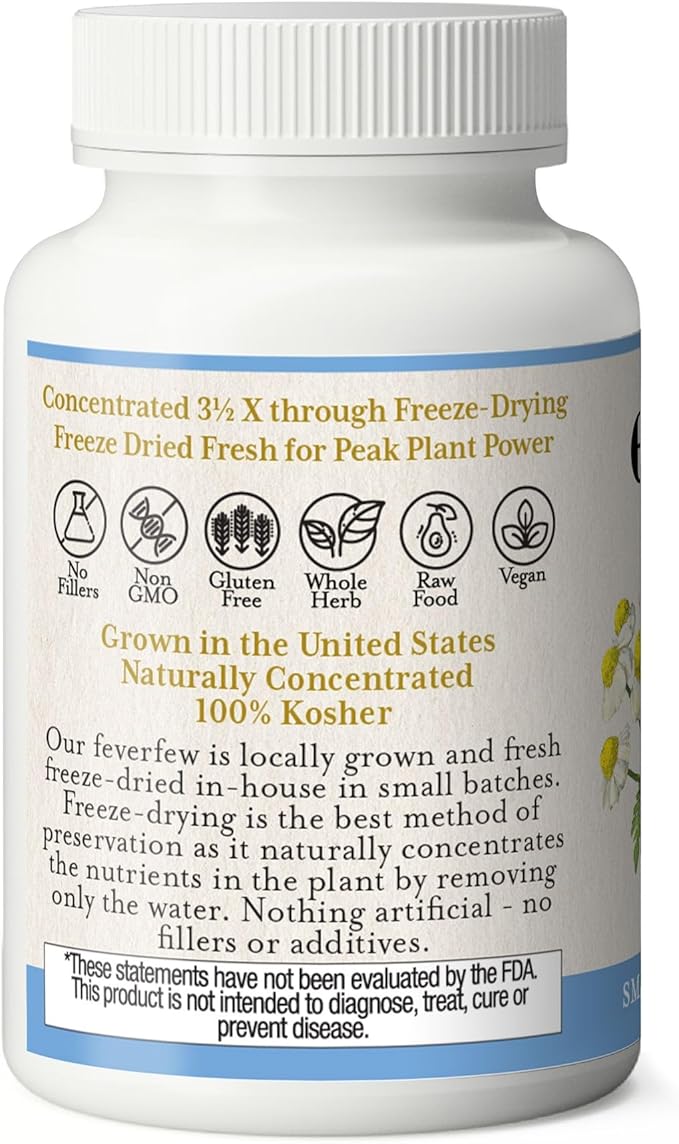 Eclectic Herb - Feverfew Capsules | Support for Head &amp Neck Tension | Herbal Supplement | US-Grown Vegan Non-GMO Gluten Free (90 CT | 125 mg)