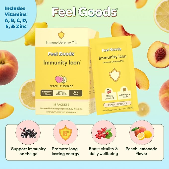 Feel Goods Immunity Icon Vitamin C Immune Support Powder Packets - 500mg Vitamin C Elderberry Ginger Turmeric &amp Key Vitamins for Daily Immune Health - Sugar-Free &amp Caffeine-Free Drink Mix