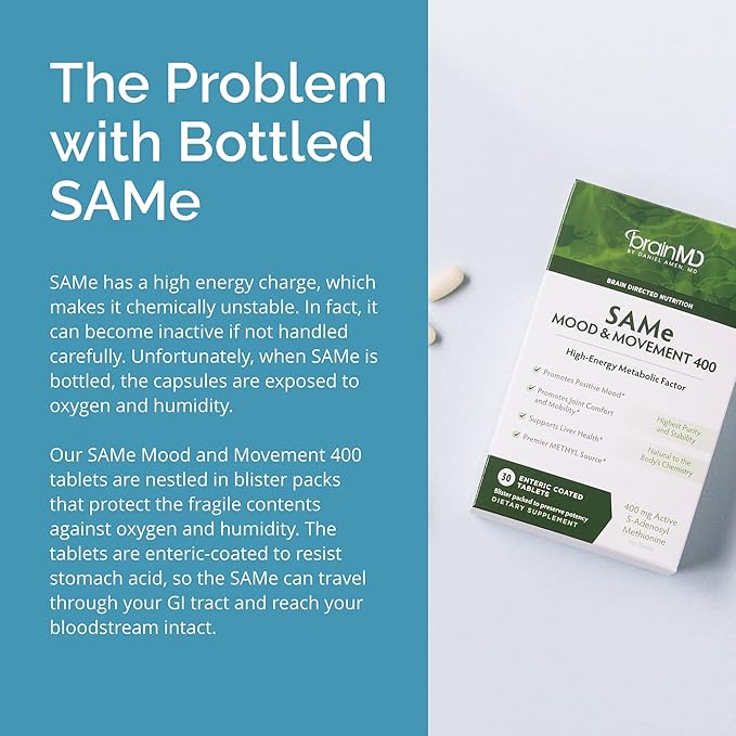 BRAINMD Dr Amen SAMe Mood &amp Movement 400 - 30 Tablets - Promotes Emotional Balance Liver Health Joint Comfort &amp Mobility - Gluten Free - 30 Servings