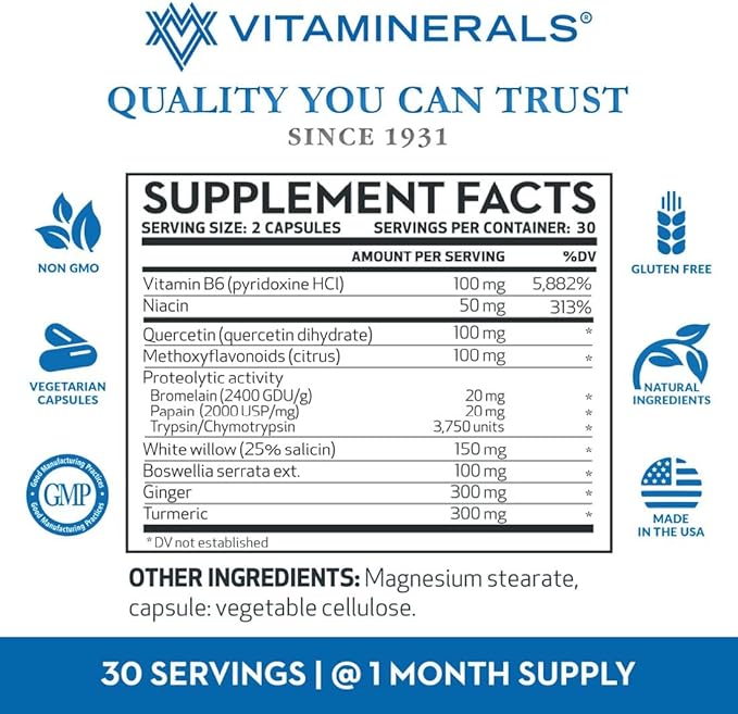 Vitaminerals® 121+ Inflamax® Plus | Quercetin | Proteolytic Enzymes | Ginger | Turmeric | Veggie caps