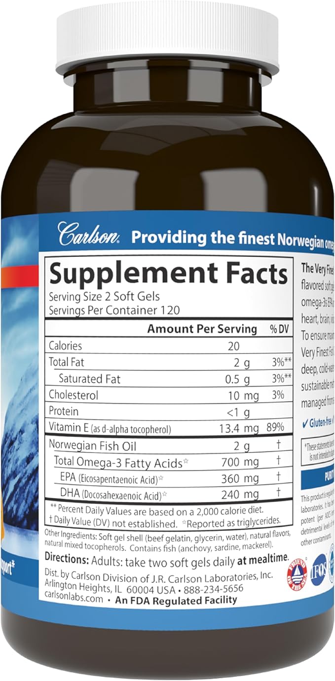 Carlson - The Very Finest Fish Oil 700 mg Omega-3s Norwegian Fish Oil Wild Caught Sustainably Sourced Fish Oil Capsules Lemon 240 Count