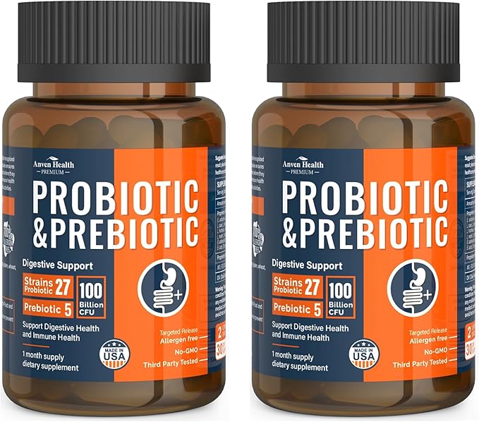 100 Billion Probiotics for Men and Women 27 Strains 5 Organic Prebiotics for Gut Digestive &amp Immune Health Supports Diarrhea Gas Bloating Non-GMO Zero Fillers – Made in USA丨120 Caps