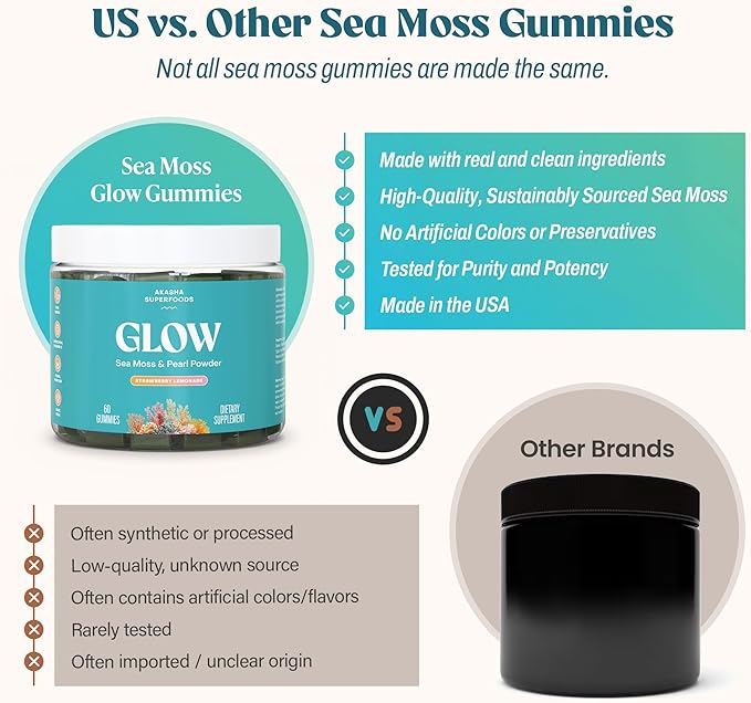 Akasha Superfoods Sea Moss Glow Gummies Hair Skin &amp Nails Vitamins with Seamoss Pearl Powder Vitamin E Aloe Vera Liposomal Vitamin C and Irish Sea Moss Gummies for Women &amp Men 60 Coun