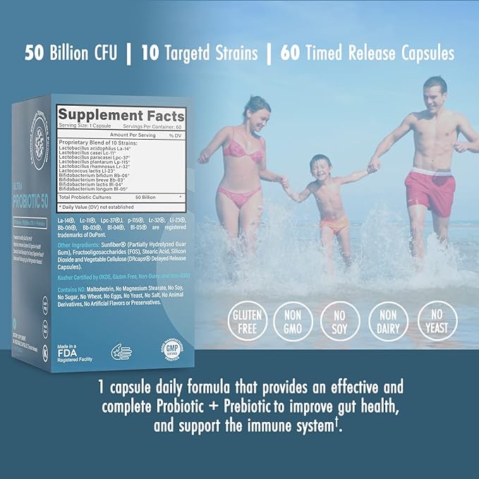Life &amp Food Ultra Probiotic 50 Billion CFU w/Sunfiber Prebiotics - Once Daily Time Release Caps Shelf Life Protection (60ct)