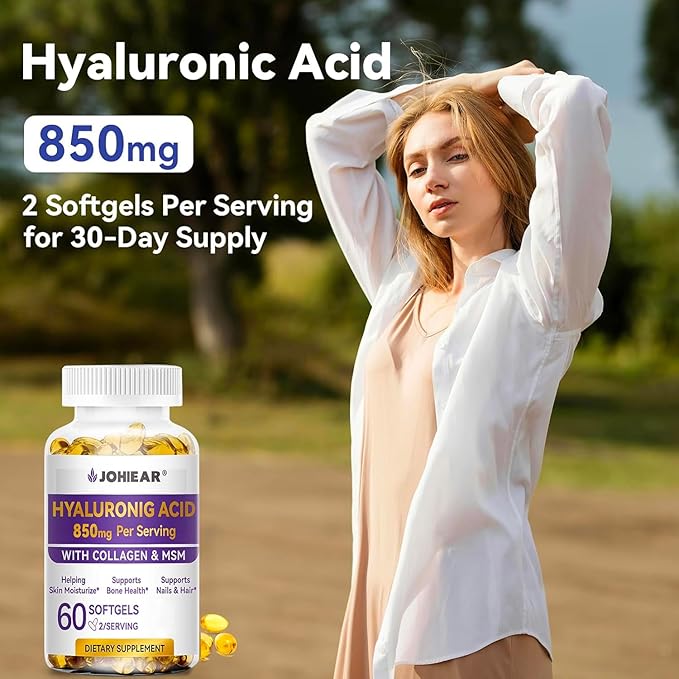 Hyaluronic Acid Supplements 850mg High Bioavailable Dietary Hyaluronic Acid Capsules Double Strength Skin Hydration Eye Health Hair &amp Nails Growth Support 60 Softgels 2 Pack