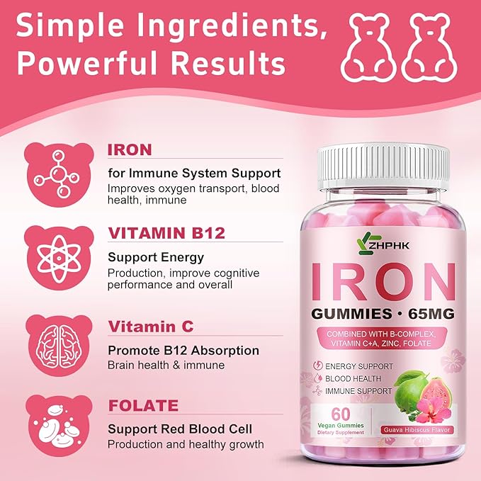 Iron Gummies for Women Men Vitamin Supplement 65mg &amp Vitamin C 250mg Per Serving with B6 B12 Folate- Energy Support for Iron Deficiency Anemia Vegan Guava Hibiscus Flavor 120 Count