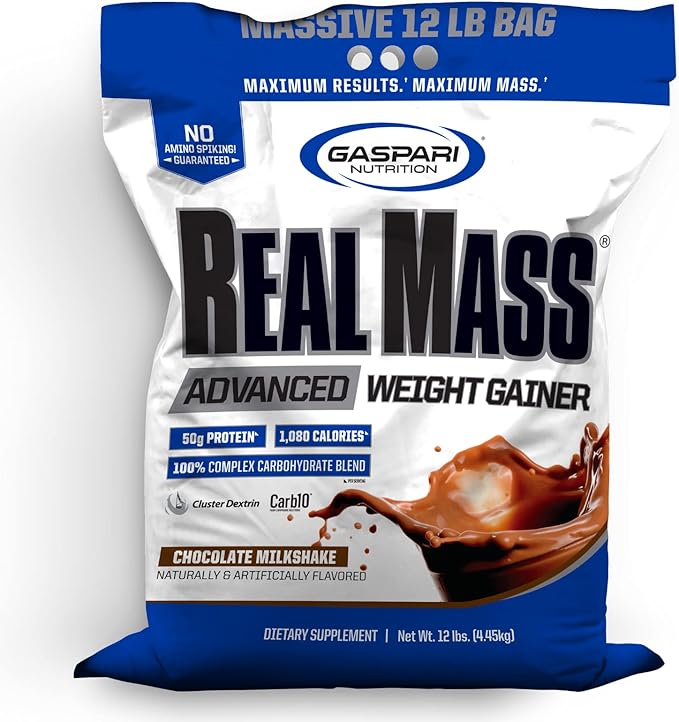 Gaspari Nutrition Real Mass: Advanced Weight Gainer Protein and Complex Carb Blend 50g Protein 16g EAAs Gluten-Free 12 lbs (Chocolate Ice Cream)