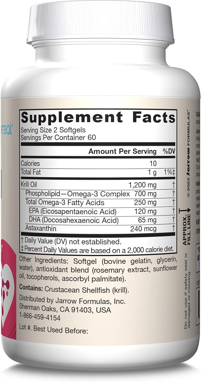 Jarrow Formulas Krill Oil - Phospholipid Omega-3 Complex with Astaxanthin - 120 Softgels - 60 Servings - Supports Lipid Management Metabolism Brain &amp Heart Health - EPA &amp DHA - Gluten Free -