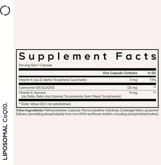 Codeage Liposomal CoQ10 Supplement - 125 mg Coenzyme Q10 with Vitamin E Isomers Tocopherols - 2-Month Supply - 1 Capsule Per Serving - Liposomal Delivery - Vegan Non-GMO Gluten-Free - 60 Capsules