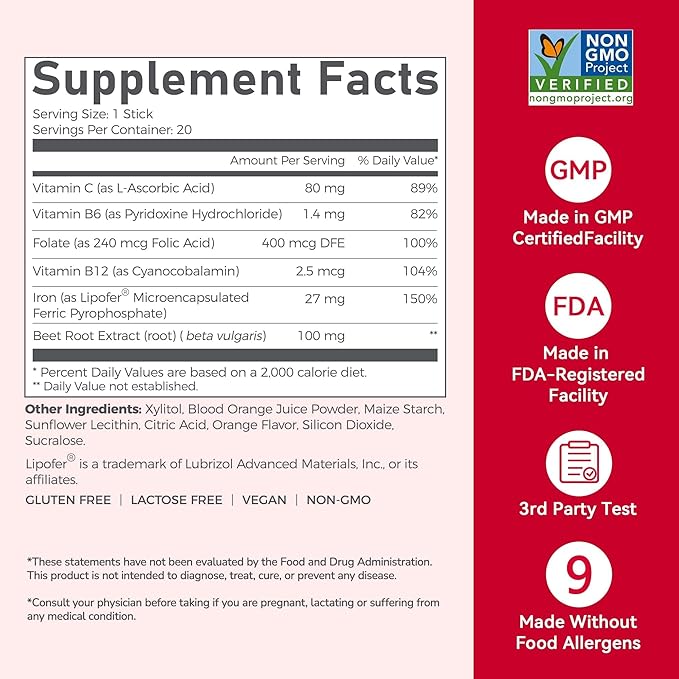 Iron Supplement for Women: Oral Dissolvable Iron Powder Gentle Iron Plus with 27mg Lipofer® Slow Release Iron with Vitamin C Folic Acid Beetroot Extract &amp B-Complex Vegan 20 Sticks