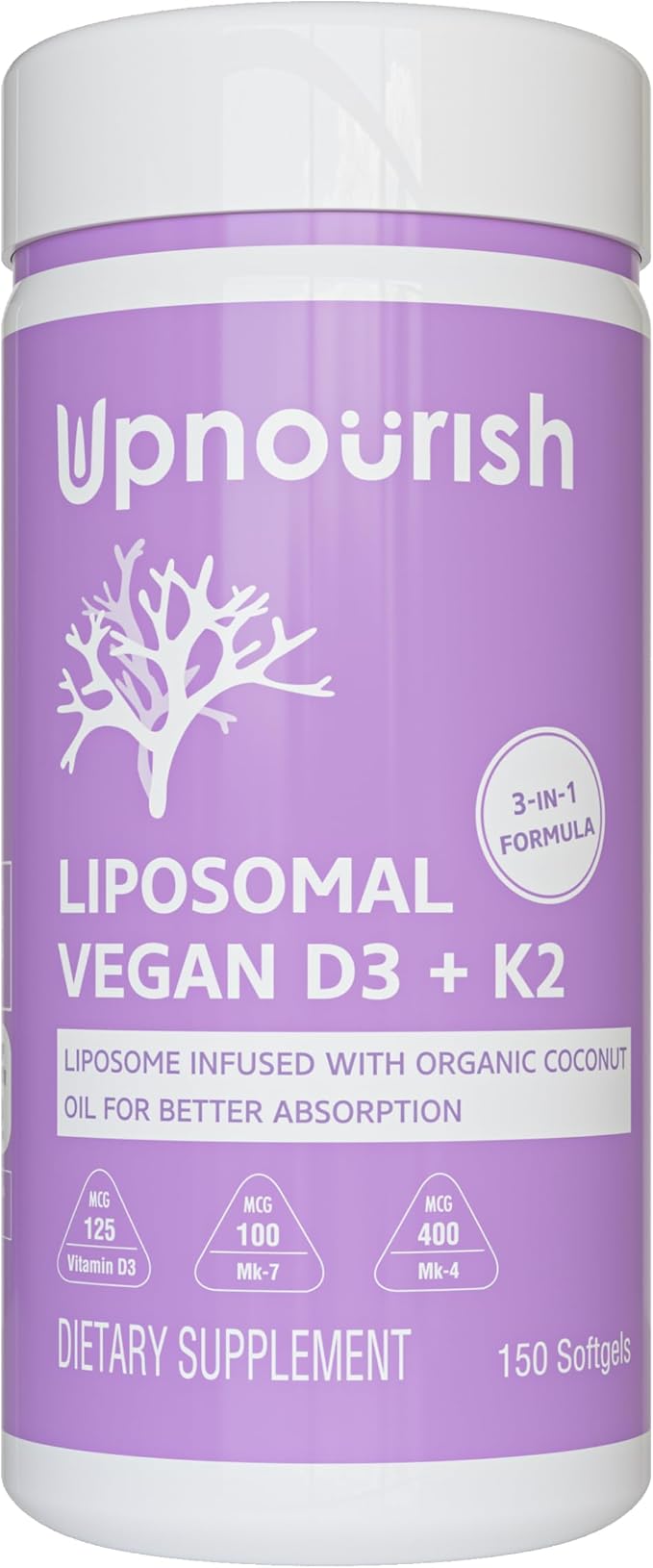 UpNourish Certified Vegan Vitamin D3 5000 IU K2 MK4 MK7 500 mcg Supplement 150 Softgels Plant Based Liposomal Vitamin D K with Organic Coconut Oil Non GMO Gluten and Gelatin Free