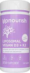 UpNourish Certified Vegan Vitamin D3 5000 IU K2 MK4 MK7 500 mcg Supplement 150 Softgels Plant Based Liposomal Vitamin D K with Organic Coconut Oil Non GMO Gluten and Gelatin Free
