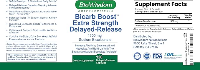 Bicarb Boost Sodium Bicarbonate Capsules Extra Strength 1300mg Organic Use Delayed-Release Sodium Bicarbonate Tablet Kidney Alkalinity Health Pure Baking Soda Tablet 120 Sodium Pills