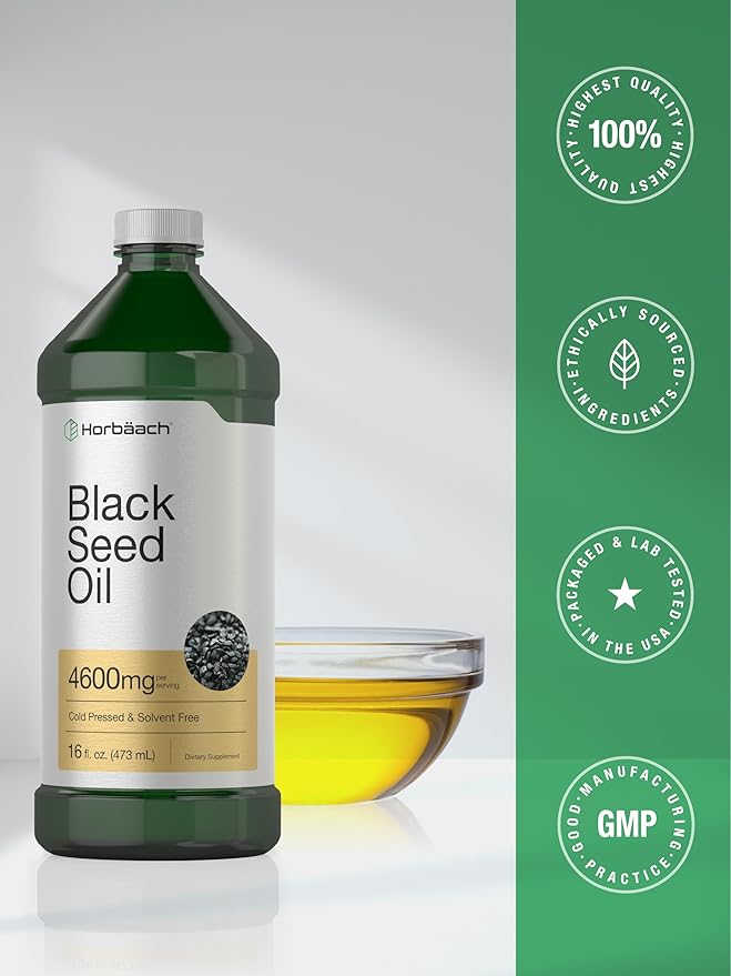 Horbäach Black Seed Oil Liquid | 16oz | 4600mg | Cold Pressed Nigella Sativa Supplement | with Omega 6 &amp 9 | Vegetarian Non-GMO Gluten Free and Solvent Free Formula