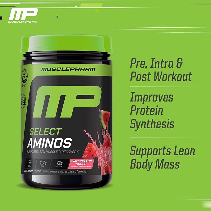 MusclePharm Select Amino's EAA + BCAAs Post Workout Essential Amino Acids Powder Pre Workout Energy Supplement for Men &amp Women with Branched Chain Amino Acids 30 Servings (Watermelon Crush)