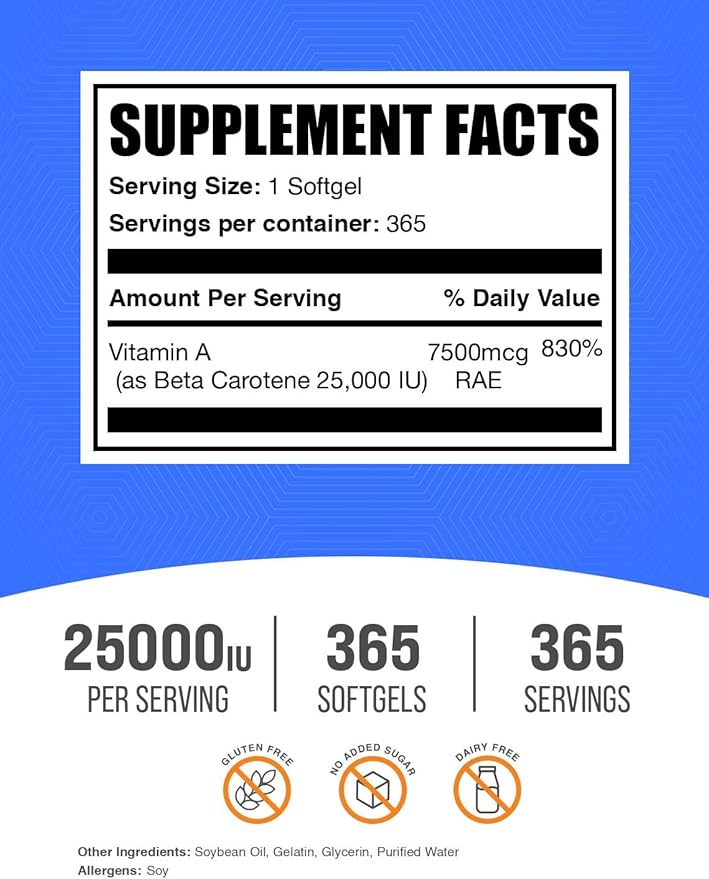 BulkSupplements.com Beta Carotene 25000 IU Softgels - Vitamin A Supplement Beta Carotene Supplements - for Eye Support Gluten Free 1 Softgel per Serving 365 Count (Pack of 1)