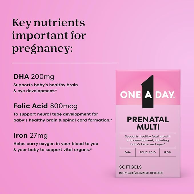 One A Day Prenatal Vitamins- Folic Acid Iron Omega- 3 (DHA) Pregnancy Vitamins for Women Prenatal Multivitamin for Mom and Baby Support Pregnancy Must Haves 90 Ct (Packaging May Vary)