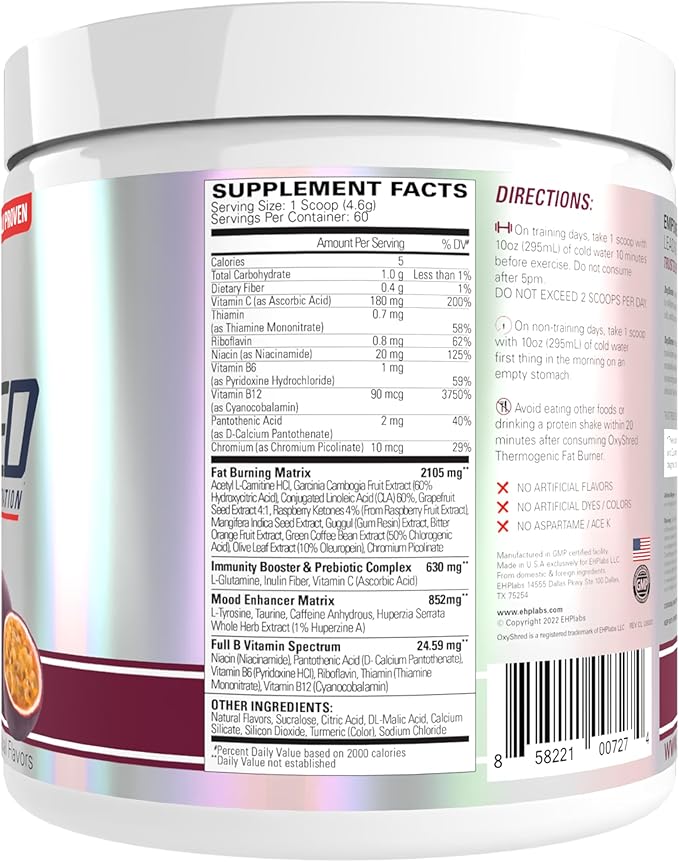 EHP Labs OxyShred Pre Workout Powder &amp Shredding Supplement - Preworkout Powder with L Glutamine &amp Acetyl L Carnitine Energy Boost Drink - Passionfruit 60 Servings