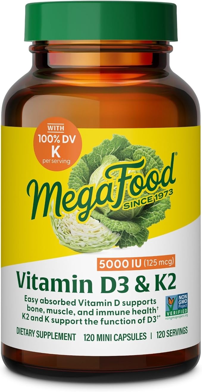 MegaFood Vitamin D3 5000 IU (125 mcg) - Vegetarian Supplements with Vitamin D3 K2 - Supports Bones Teeth Muscles &amp Immune Health - Certified Non-GMO - 120 Mini Capsules 120 Servings