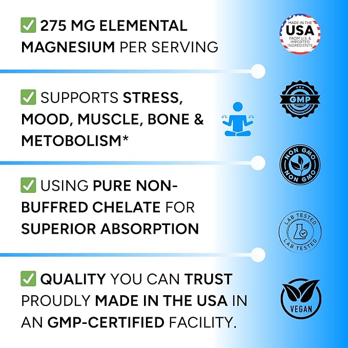 100% Pure Magnesium Glycinate | Fully Reacted Magnesium Bisglycinate Buffered-Free | Muscle Relaxation &amp Sleep Support – Well Tolerated (Vegan Non-GMO) 90 Capsules | Made in the USA