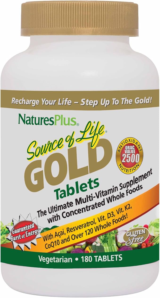 NaturesPlus Source of Life GOLD Multivitamin - 180 Tablets - Blood Support Bone Support Healthy Immune System - Includes Vitamins D3 B12 K2 &amp Over 120 Whole Food Nutrients - 60 Servings