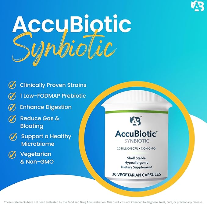 AccuBiotic Synbiotic 10 Billion CFU - Probiotic + Low FODMAP Prebiotic - Supplement for Digestive Immune &amp Gut Health - Supports Occasional Gas &amp Bloating - Shelf-Stable - for Women &amp Men
