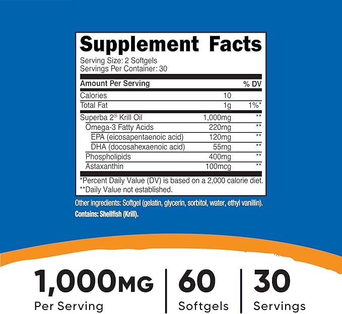 Nutricost Krill Oil 1000mg 60 Liquid Softgels (2 Bottles) - Omega-3 EPA-DHA