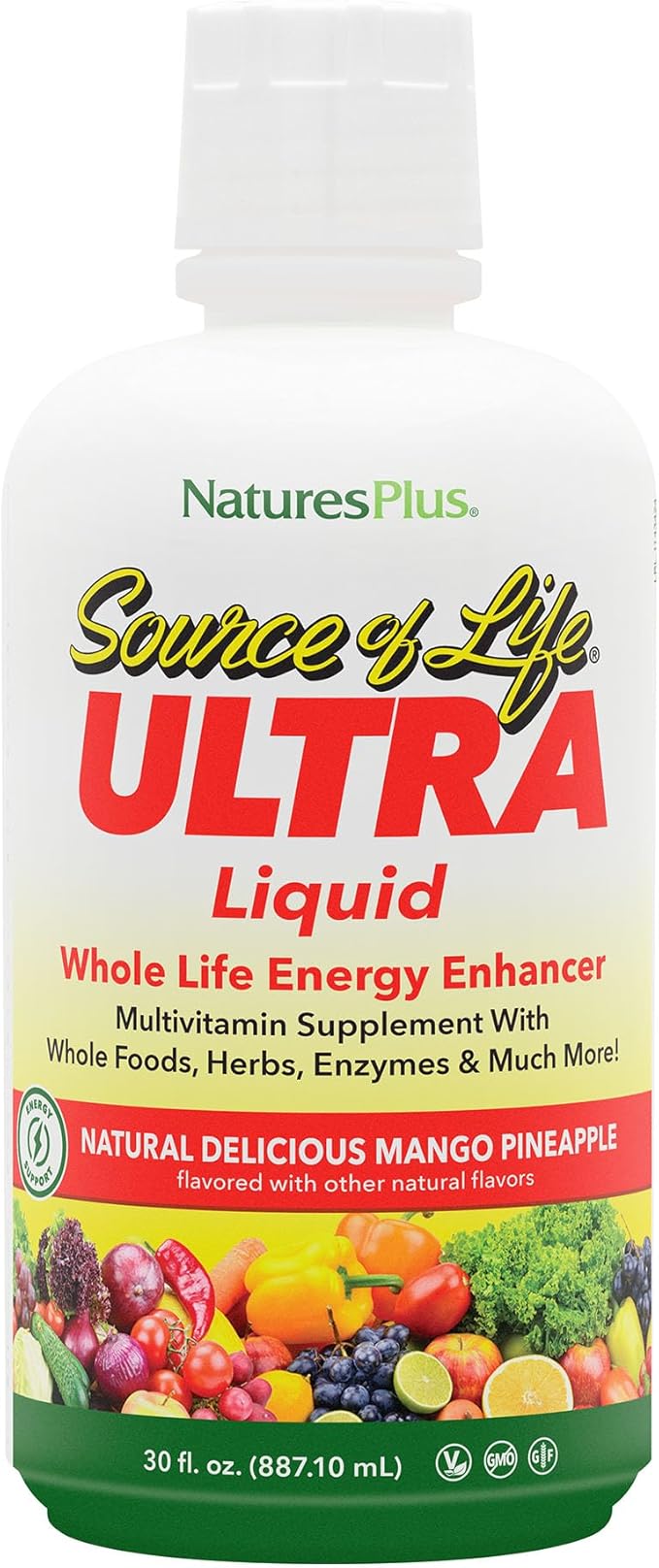 NaturesPlus Ultra Source of Life Liquid - 30 fl oz - Mango Pineapple Flavor - Multivitamin Supplement with Vitamin D3 and Lutein - Vegetarian Gluten-Free - 30 Servings