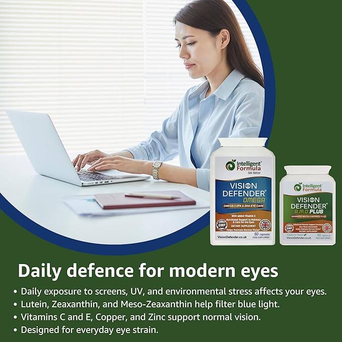 Vision Defender Plus &amp Omega Eye Bundle – Eye Supplements with AREDS2 (Lutein Zeaxanthin Vitamin C &amp E Copper Zinc) Meso-Zeaxanthin Omega-3 Fish Oil (EPA DHA). Made in UK