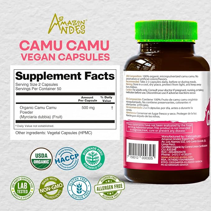 Amazon Andes Camu Camu Capsules 500mg - Pure Vitamin C Origin from Peru - Myrciaria Dubia Berry - 100 Vegetarian Caps - Wild Harvested Amazon Rainforest Superfruit Non-GMO Vegan