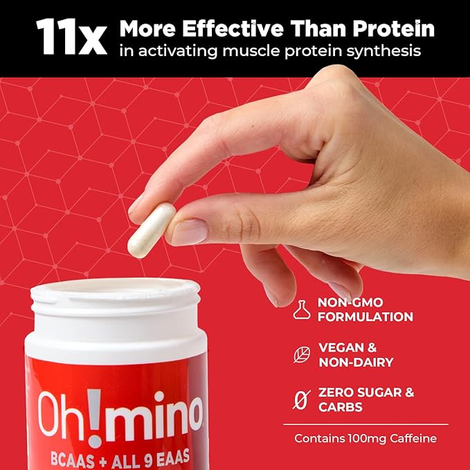 Oh!mino Essential Amino Acids Supplement Caffeinated Capsules All 9 EAAs BCAAs The Perfect Amino for Workouts Amino Energy and to Build Muscle and Recover Faster