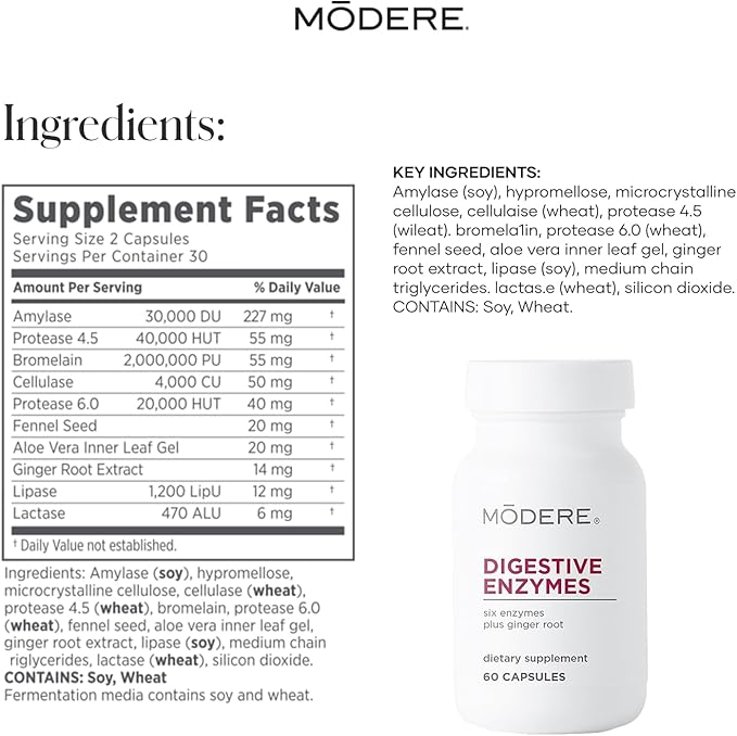 Modere Digestive Enzymes Capsules - Daily Digestive Support Formula for Everyday Wellness Easy to Take Convenient - 60 Capsules