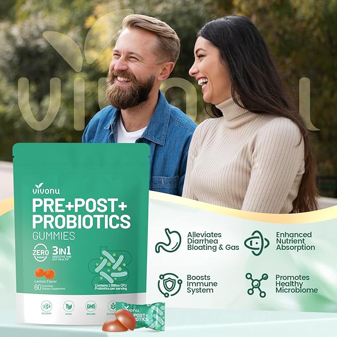 VivoNu Probiotics for Digestive Health Gummies 3 in 1 Intestinal Digestion Contains 2 Billion CFU Probiotic Zinc Magnesium and Vitamin D3 Men's Probiotics for Women Non GMO (240Gummy/4Pack)