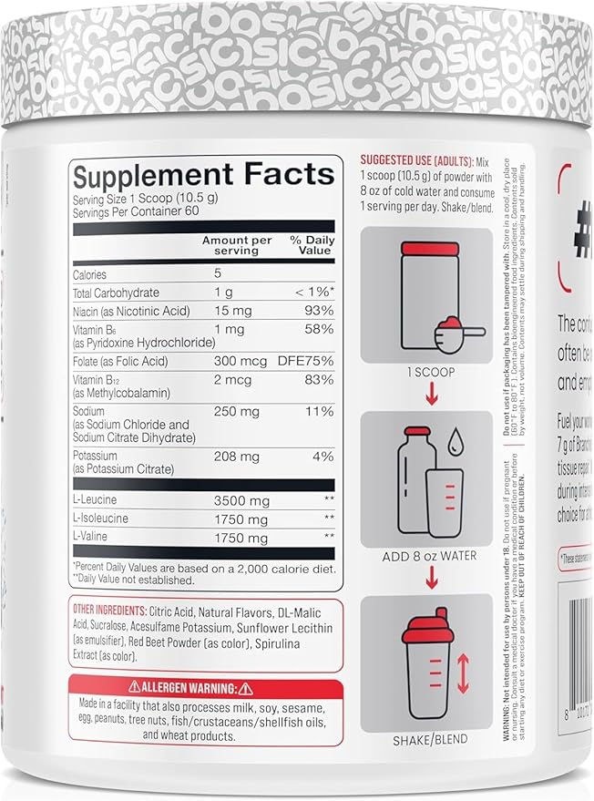 BASIC SUPPLEMENTS BCAA Powder Instantized Formula with 7g BCAAs 2:1:1 Ratio 450mg of Electrolytes Sugar-Free Vegan Gluten-Free Supports Muscle Recovery