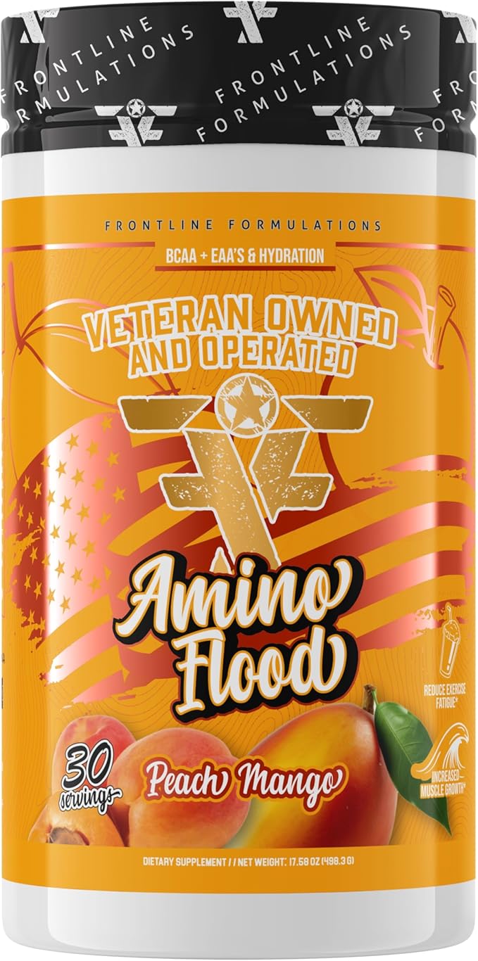 Amino Flood from Frontline Formulations - BCAA + EAA Recovery &amp Hydration Formula – Muscle Support Electrolytes &amp Endurance – Amino Acid Supplement for Intra &amp Post Workout Peach Mango
