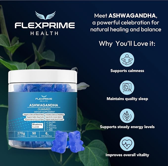 Ashwagandha Gummies Sugar Free 6g | Vegan Halal Non-GMO Gluten-Free | Blueberry Flavor | Focus Calm Recharge | Men Women 90 Count